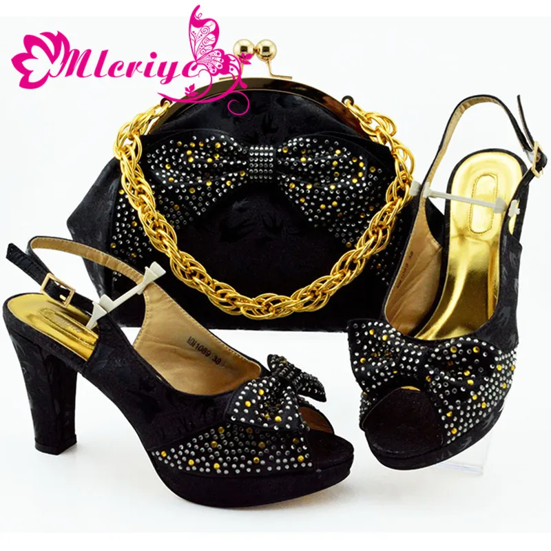 

High Quality 2019 New Designer Italian Shoes with Matching Bags Set Shoe and Bag Set for Party with Crystal in Black Color