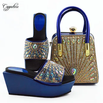 

Wonderful royal blue wedge heel shoes with handbag set decorated with rhinestones MD009, heel height 9cm