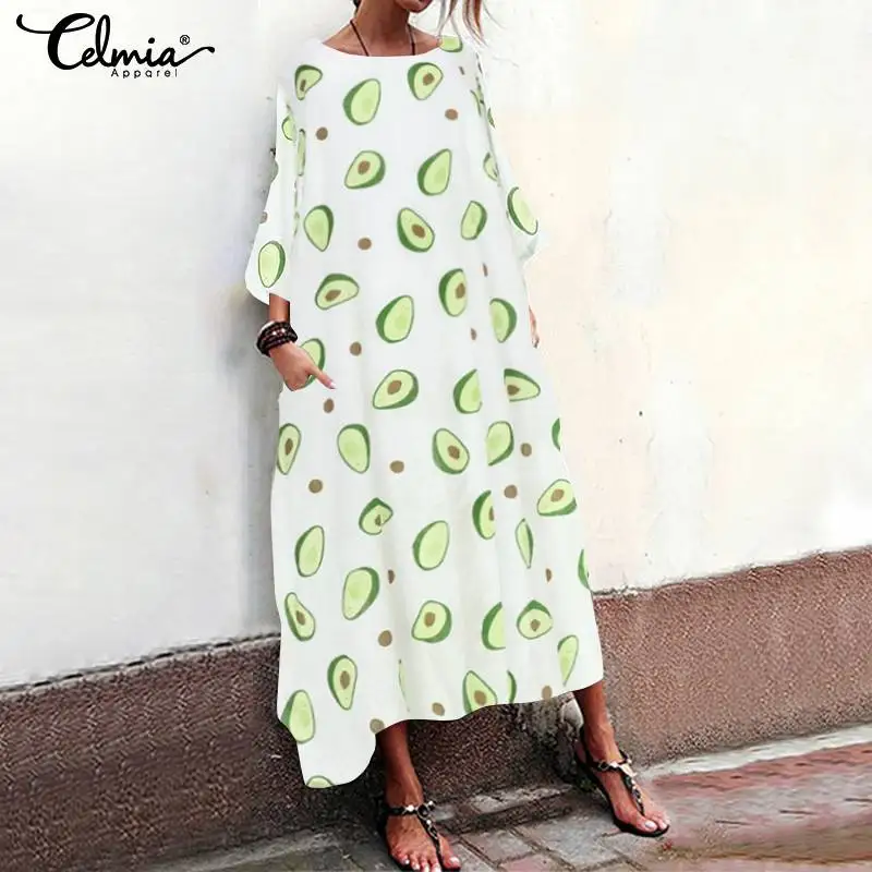 

2019 Summer Beach Bohemian Dress Celmia Women Avocado Print Maxi Long Dress Casual Loose Party Holiday Vestidos Mujer Plus Size