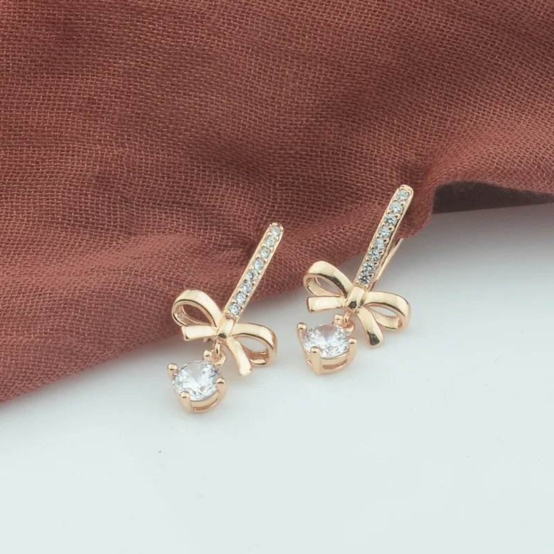 

FJ Women Bowknot White Cubic Zircon Stone 585 Rose Gold Color Dangle Earrings