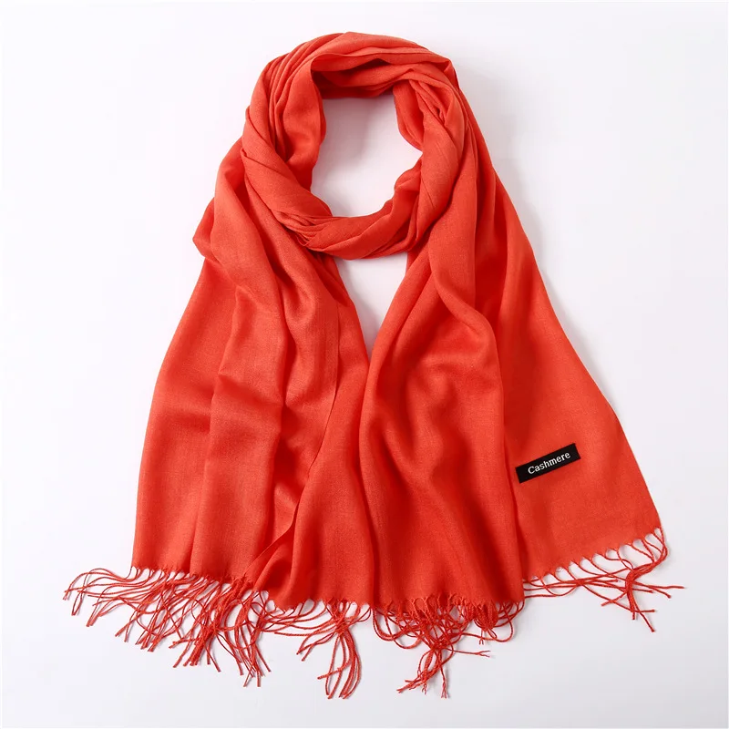 Классические однотонные зимние шарфы, женские модные тонкие шарфы с кисточками, Длинный мягкий шарф из пашмины, высококачественные шали, хиджаб - Цвет: 120g  orange  red