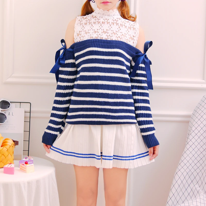 Pink, Navy blue Striped Off shoulder Dobby Lace Knitted Tops Lace up Soft sister Mori girl Sweet Cute 2017 Autumn Women Sweater