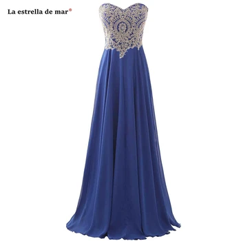 

Vestido madrinhas de casamneto2021 new chiffon applique diamonds Off the Shoulder A Line Royal Blue Gold Bridesmaid Dress Floor