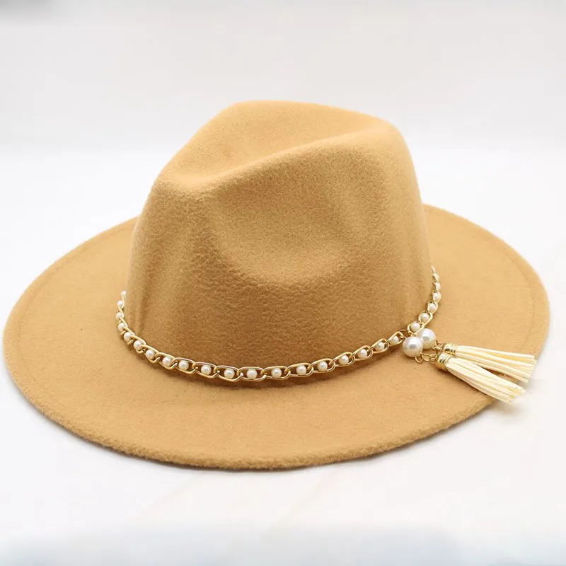 SUOGRY модные Для мужчин Для женщин Винтаж шерсть фетровая Панама джазовая, шляпа фетровой жемчуг ремешок шириной элегантные черные шапки