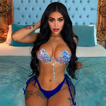 

Shiny Big Gems Bikini Set Halter Long Tassel Bra Bandage Thong Panty Bathing Suits 2019 Summer Beach Women Swimsuit Monokini