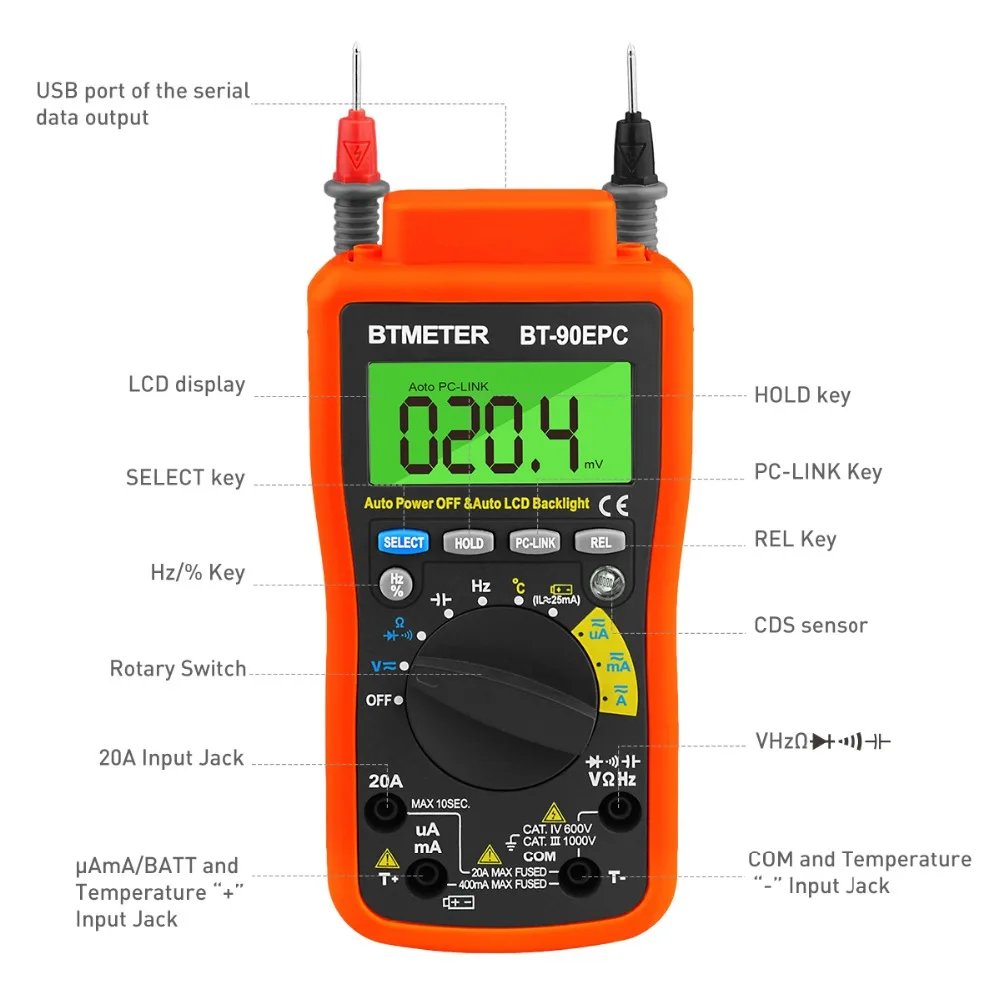 BT-90EPC Digital Multimeter Auto Range 4000 Counts AC/DC Voltage Meter Tester for Resistance Capcitance Frequency USB
