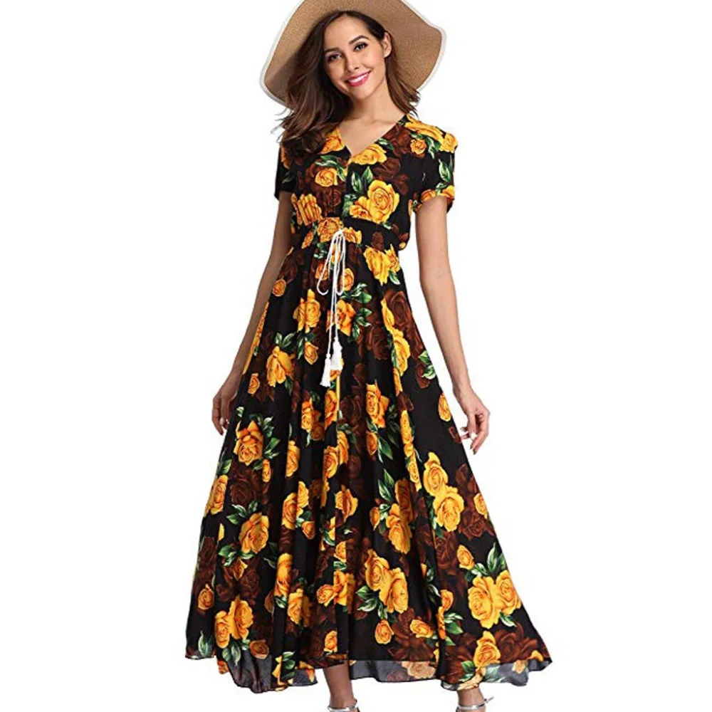 

Feitong Women's Floral Printing Maxi Dresses Boho Beach Party Sexy V-Neck Long Dress Sundress Fashion Vestidos