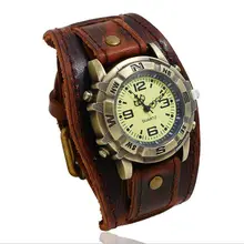 Reloj de pulsera Vintage Retro de gran ancho de cuero genuino para hombre Punk Quartz Cuff Watch pulsera brazalete relogio masculino