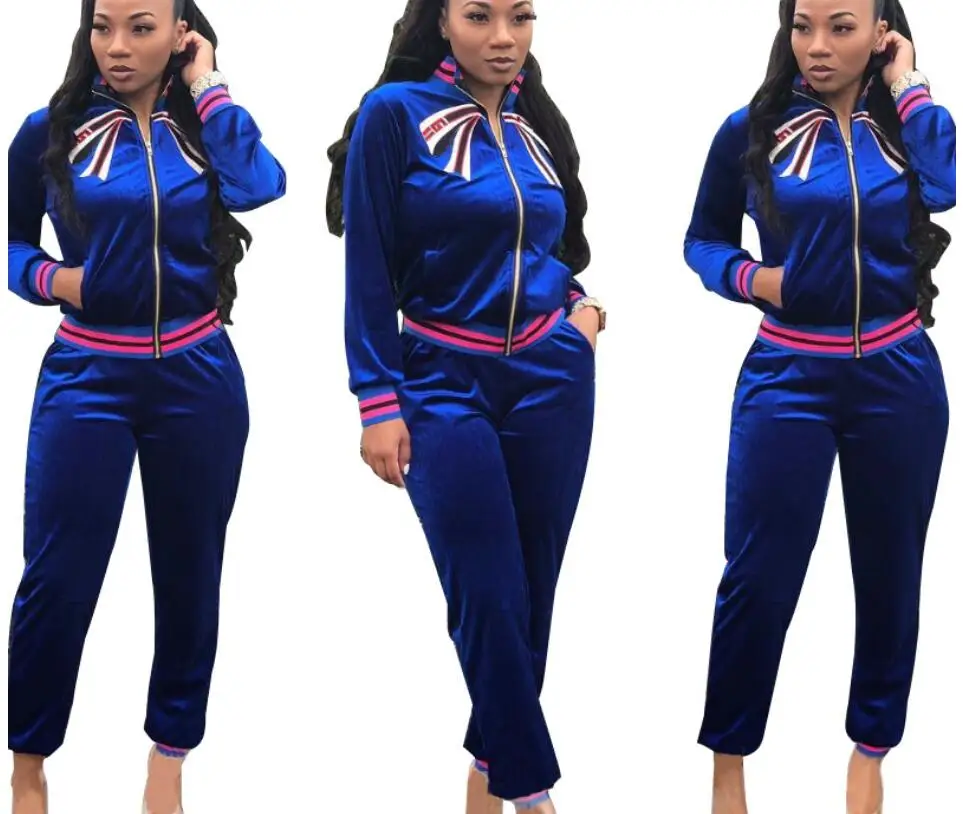 

Women long trousers sports suit Velvet embroidery Spring autumn Long sleeve top coat African Clothing Zipper cardigan 2pcs/ set