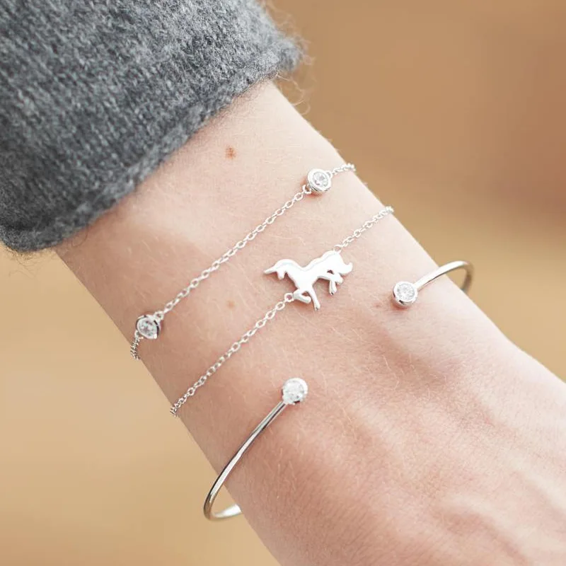 

3 Pcs/Set Simple Unicorn Pendant Zircon Alloy Chain Bracelet Bangles for Women Boho Minimalist Silver Color Charm Bracelet Gift