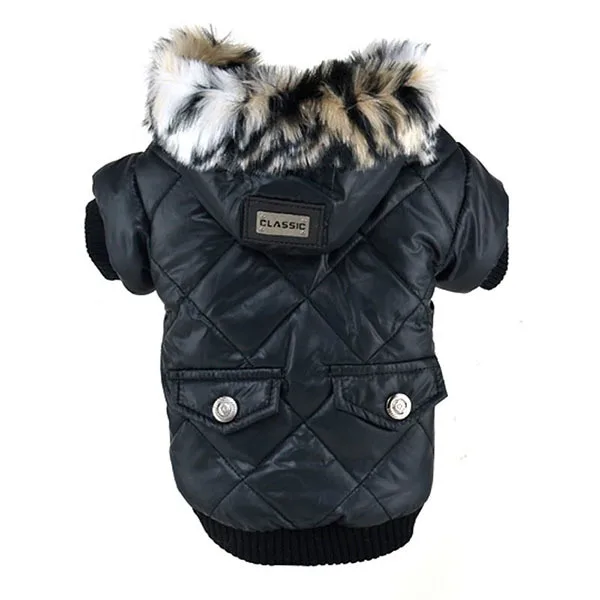 Зимняя одежда для собак милое теплое пальто для больших щенков с искусственным карманом, меховая отделка, куртка с капюшоном для собак, одежда для домашних животных, ветровка - Цвет: Черный