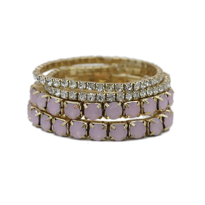

Fashion 4Pcs/Lot Charm Cuff Bracelet Bangle Set for Women Gold Color Crystal Pink Opal Acrylic Stone Elastic Bracelet Sets