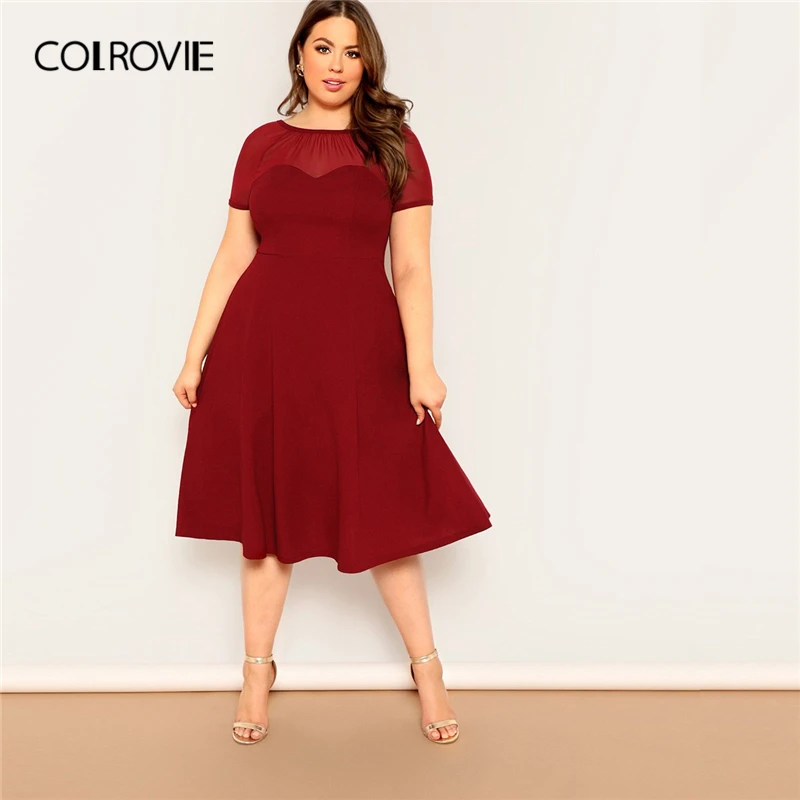 COLROVIE Plus Size Burgundy V Back Mesh Sweetheart Fit And Flare Party Dress Women 2019 Short Sleeve Elegant Ladies Dresses
COLROVIE Plus Size Burgundy V Back Mesh Sweetheart Fit And Flare Party Dress Women 2019 Short Sleeve Elegant Ladies Dresses