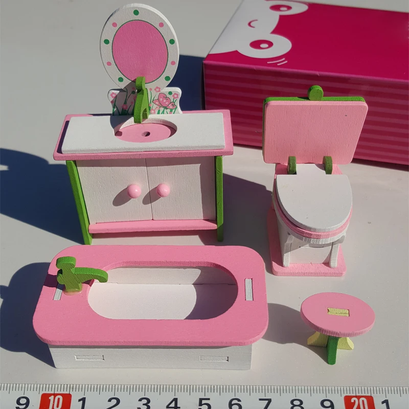 W003 جديد أطفال هدية لعبة أطفال خشبية أثاث بيت الدمية مجموعة diy ألعاب تعليمية الحمام 1 مجموعة