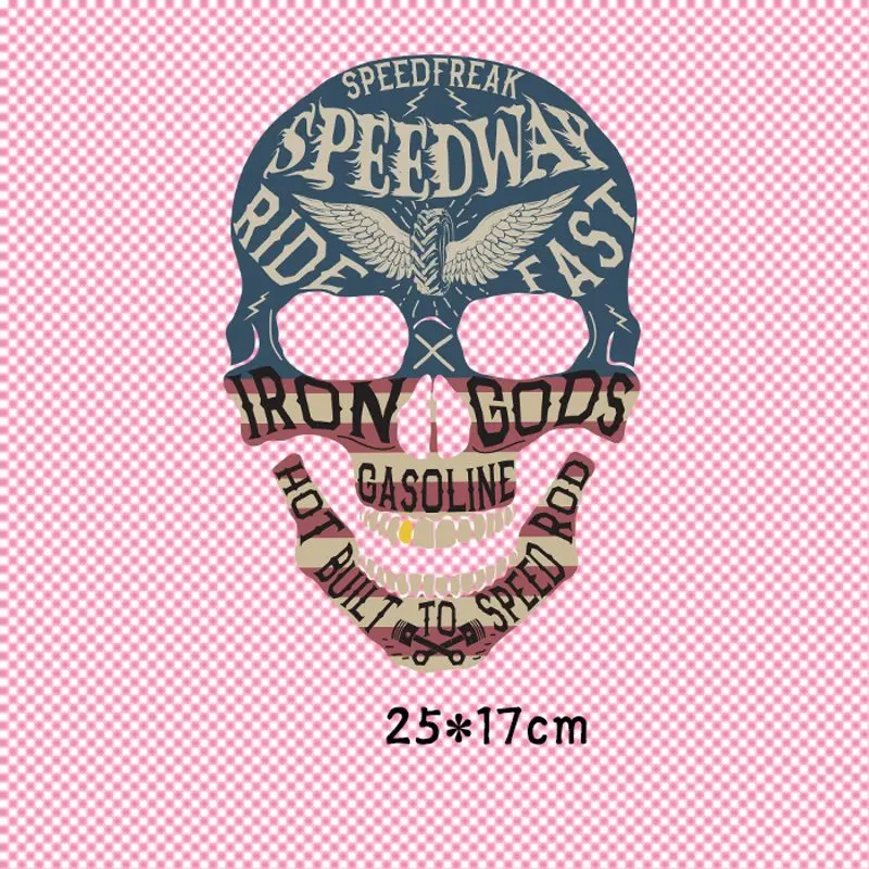 

25x17cm New Fashion skull Iron On Stickers Washable Appliques A-level Patches Heat Transfer For DIY Accessory Clothing