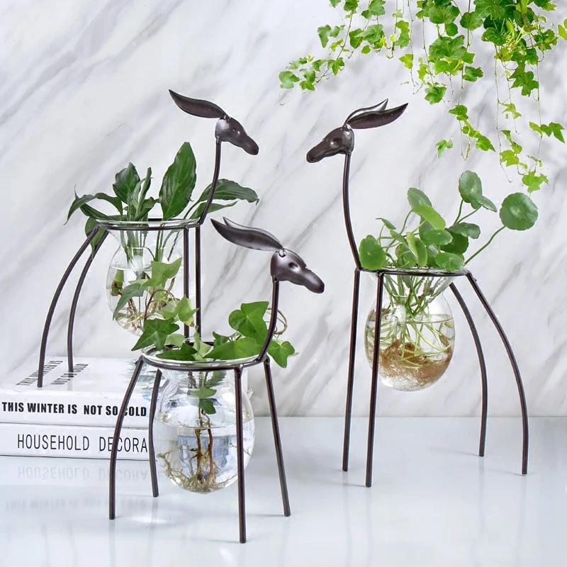 Creative Modern Tabletop Glass Vase With Iron Elk Holder Plant Bonsai