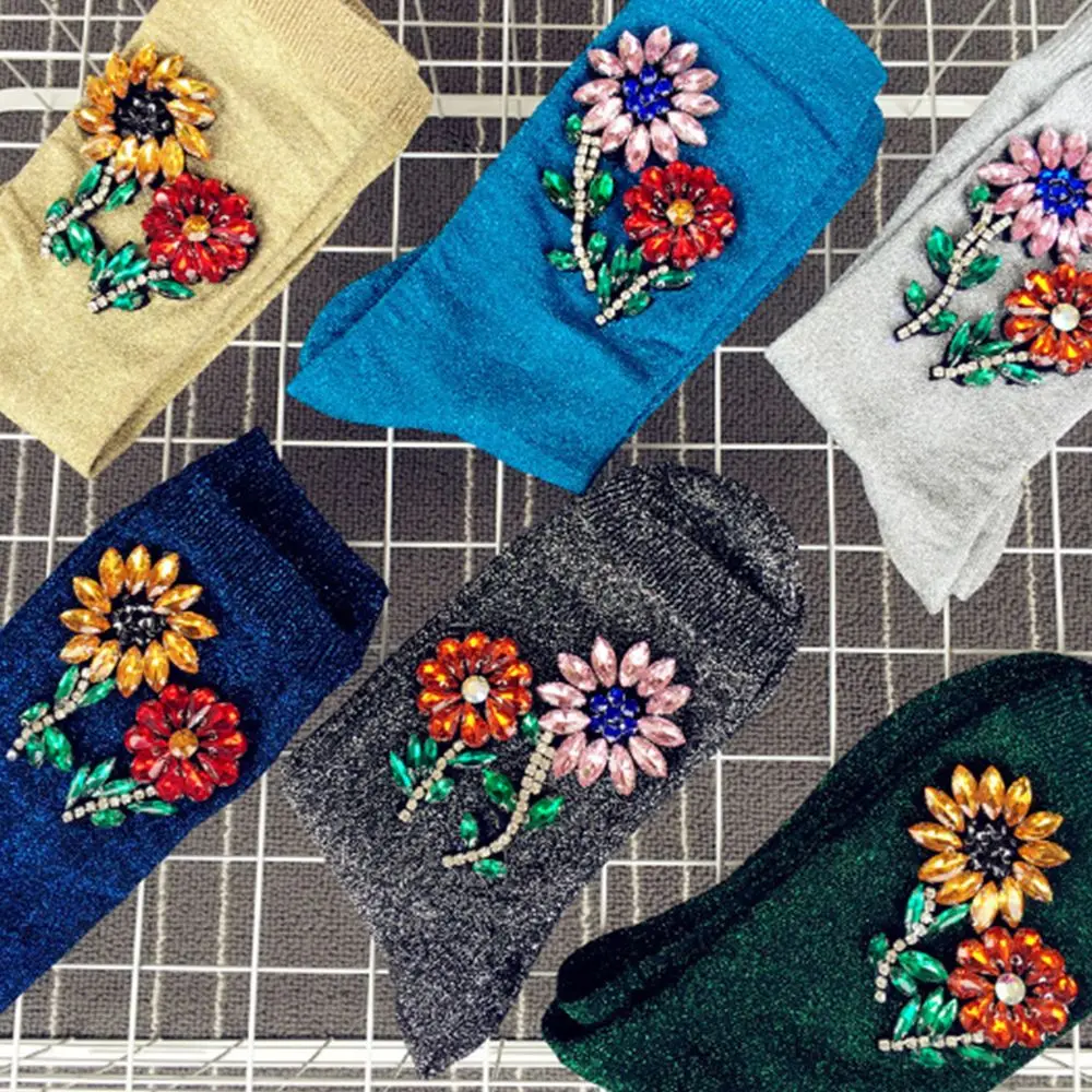 

New Arrived Colorful Sunflower Gem Silver Sequins Meias handmade Heap heap calcetines Harajuku Funny socks women