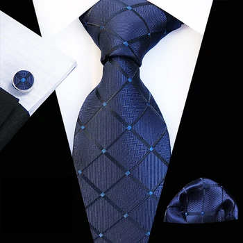 

3 Pcs/Set 8cm Man Formal Ties Set Classic Blue Plaids Necktie with Handkerchief Cufflink