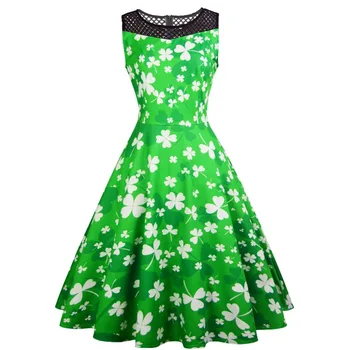 

Vintage Dress 1950s 60s Women Dresses Printing Clover Sleeveless A-Line Swing Casual Party Dresses Vestidos