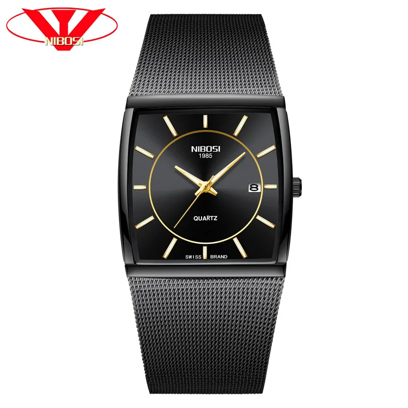 

NIBOSI Mens Square Waterproof Casual Dress Quartz Watch Mens Watches Stainless Steel Mesh Sport Wrist Watch Male Black Clock