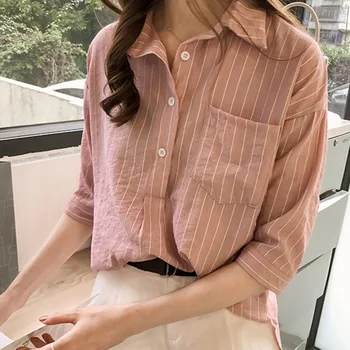 

Spring Striped Shirt de Womens Tops mujer Three Woman Korean 2019 Turn-down Quarter blusas Sleeve Collar moda Clothes