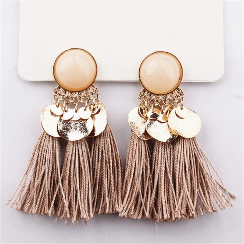 

QUMORAIN 2017 Ethnic Tassel Earrings Dangle Bohemian Earrings for Women Coin Boho Fringe Drop Earrings Stones Vintage Jewelry