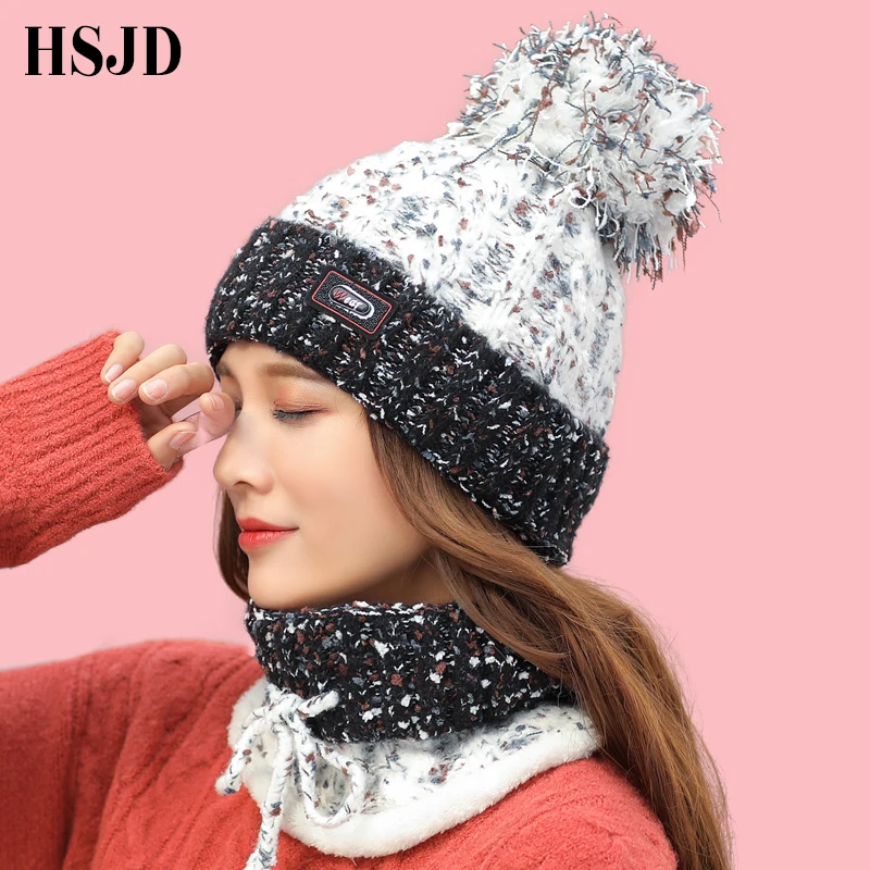 

Winter Women Hat Scarf Set Sweet Lovely Dots Snowflake Warm Knitted Hats Caps for Girls Skullies Beanies hat with Pom pom female