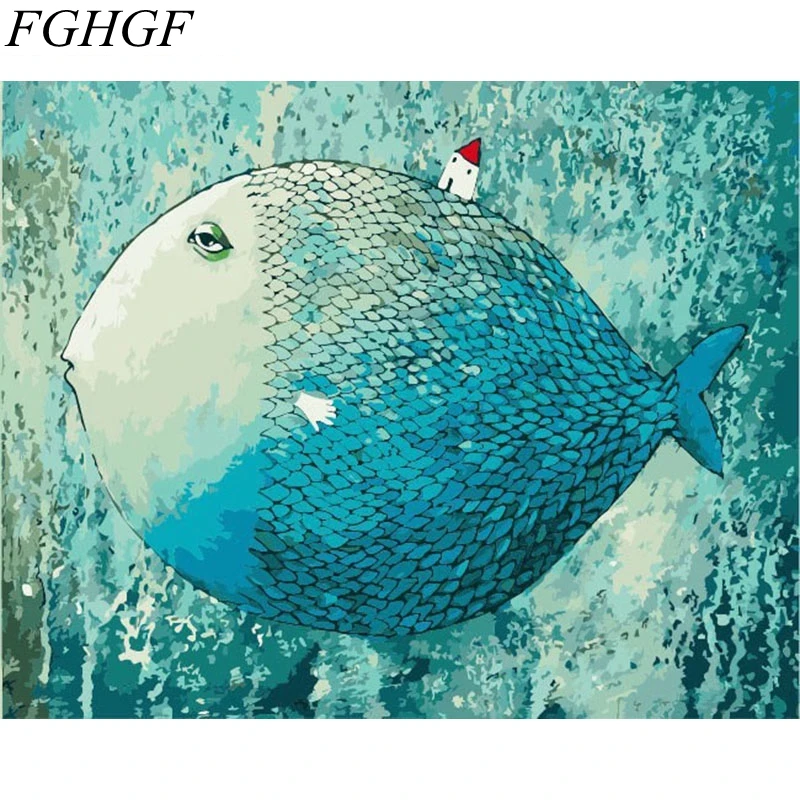 

FGHGF Frameless pictures Digital Blue Fish oil painting decorative pictures hand painted canvas painting by numbers