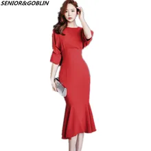 Vestidos весеннее торжественное платье Для женщин модные элегантные красные с рукавами «летучая мышь» Русалка облегающий, большой размер офиса OL женское платье