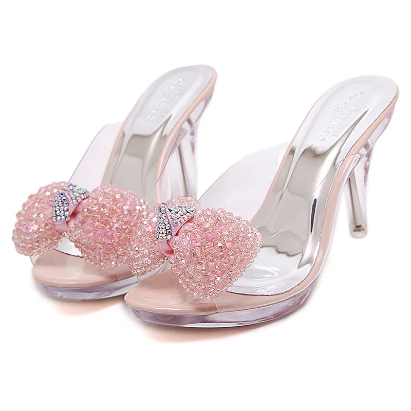 SWYIVY Woman Slippers Sexy 9 Cm High Heels Crystal Shoes Woman 2018 Summer Bow Casual Shoes Transparent Lady Rhinestone Slippers