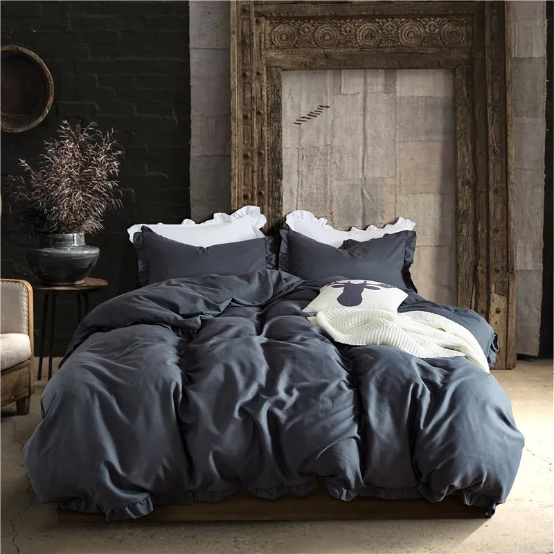 European Dark Gray Bedspreads Bedding Sets Lotus Leaf Lace Duvet Cover Set 3 Piece Polyester Fabric Pillowcase Usa King Size Bedding Sets Aliexpress