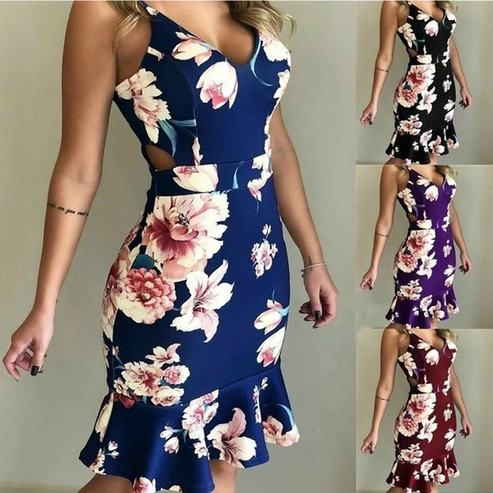 

New Summer Women Floral Print Dress Casual Sleeveless V-neck Top Dress Ladies Boho Mini Evening Party Dress