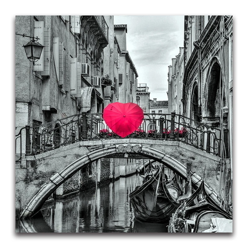 red heart umbrella Full square Diamond painting Cross stitch boat DIY Diamond embroidery bridge full round Diamond mosaic River