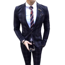 Топ+ брюки) весенний Повседневный полосатый клетчатый костюм из двух частей мужской костюм мужской корейский Тонкий Свадебный костюм