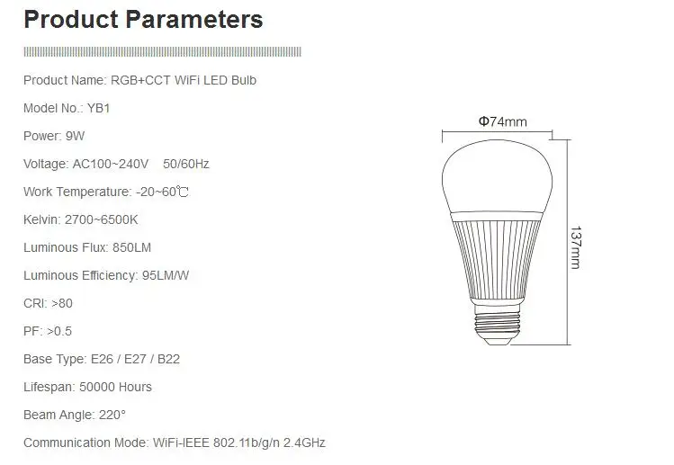 Miboxer YB1 2,4G 9W RGB+ CCT Wifi Светодиодная лампа 2,4G Беспроводная Светодиодная лампа 2700 K-6500 K с регулируемой яркостью 2 в 1 умный светодиодный светильник AC100-240V