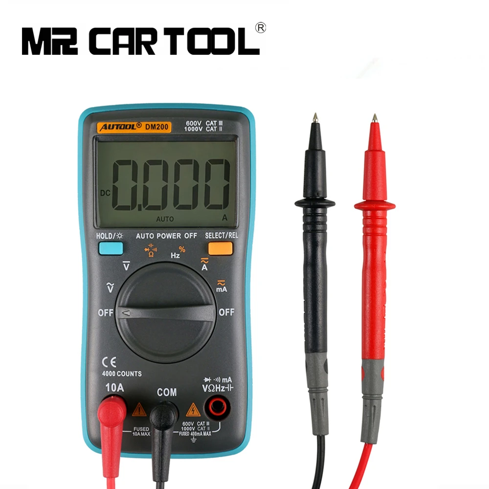

AUTOOL DM200 Digital Multimeter Auto Range Portable 4000 Counts Backlight AC/DC Voltage Current Ammeter Ohm LCD Meter Test Leads