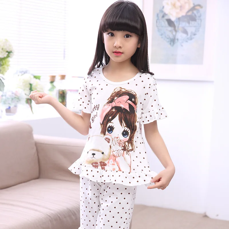 Г., летний детский Пижамный костюм хлопок, удобная домашняя одежда ночное белье в горошек Милая Домашняя одежда с героями мультфильмов для маленьких девочек - Цвет: 6198 White