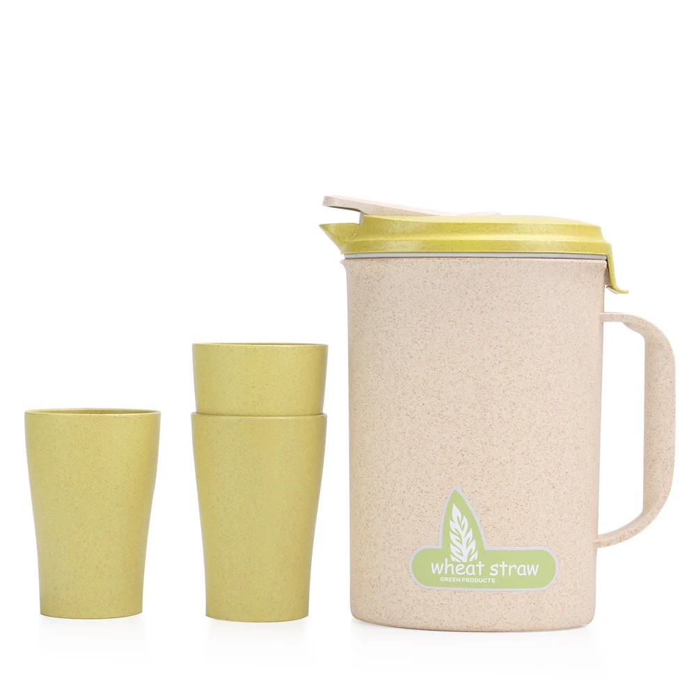 BPA Free Wheat Straw Cold Water Kettle Container Plastic Water Jug Sets with Three Cups for Home