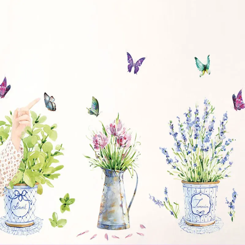 Подвесные кашпо на стену. Эстамп на стене в кашпо цветы резеды. Лаванда в горшке рисунок. Дерево для декупажа. Интерьерные наклейки цветы в горшках.