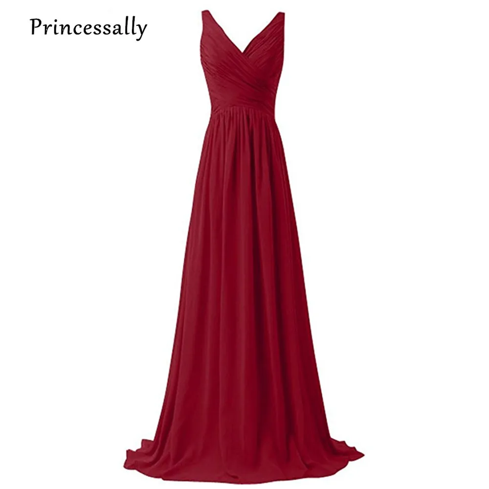 

Long Wine Red Bridesmaid Dress Floor Length V neck Sleeveless Bridesmaid Prom Party Gown Vestido De Festa Longo Formal Dresses