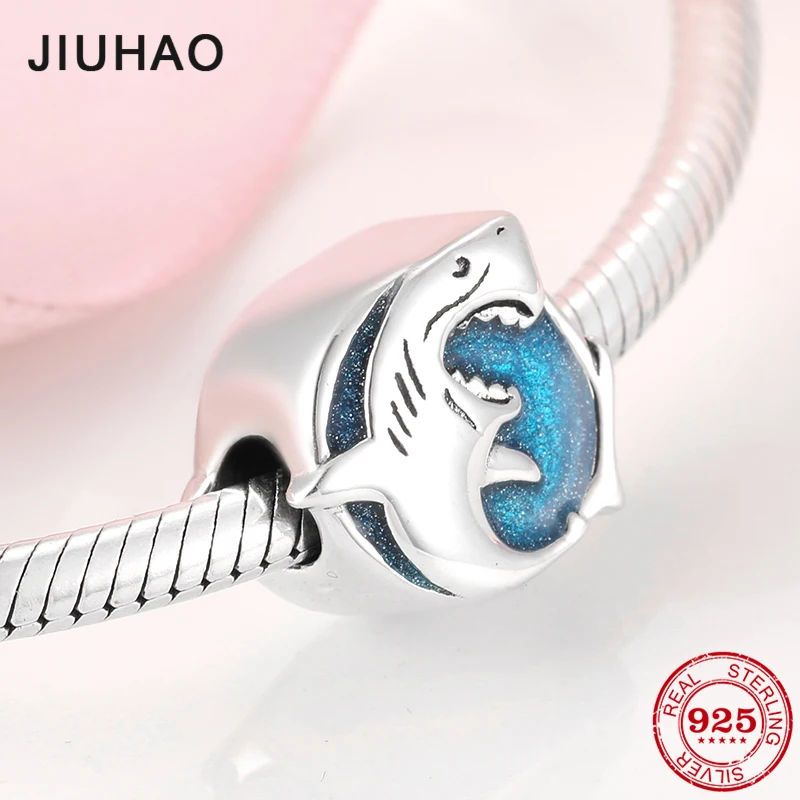 

New 925 Sterling Silver Blue beautiful Deep sea shark Charms beads Fit Original Pandora Charm Bracelet Jewelry making 2019