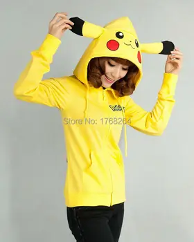 

Anime Animal Women Men Cute Pokemon Pikachu Hooded Jacket Yellow Hoodie with Ears Polar Fleece Winter Hoody Plus Size Outwear