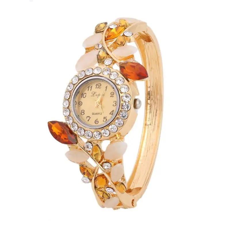 Lvpai Женская винтажная, со стразами, кристаллами, браслет с циферблатом, аналоговые кварцевые наручные часы, роскошный женский цветочный браслет со стразами, часы - Цвет: Orange