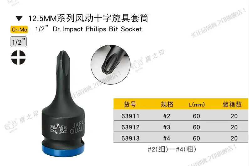 

BESTIR taiwan tool CR-MO steel 12.5mm 1/2" dr. impact phillips /slotted bit din socket auto maintain tool