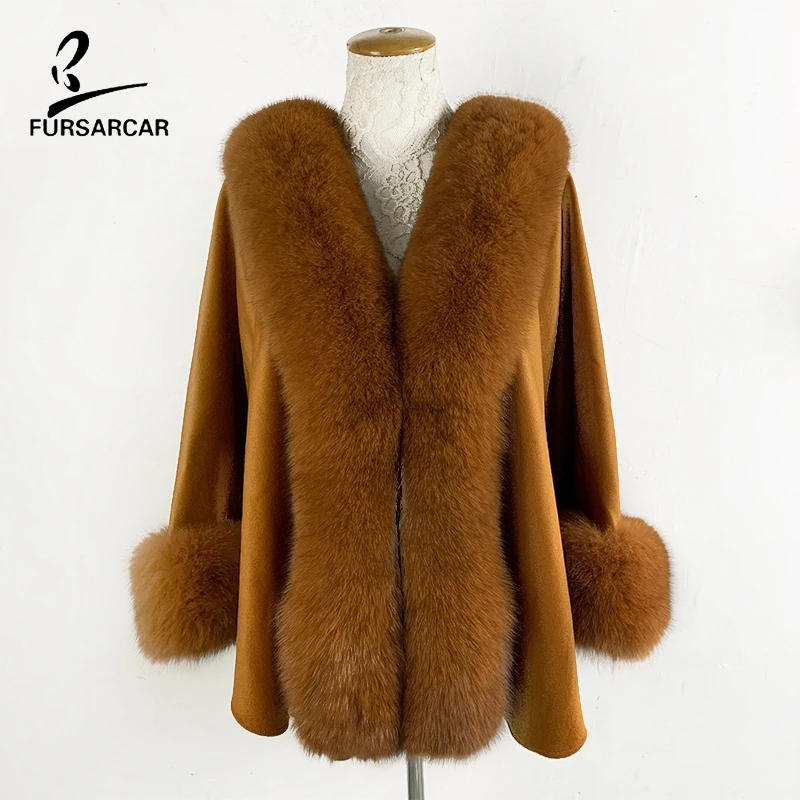 

FURSARCAR Women Yellow Wool Bat Sleeved Wrap With Big Real Genuine Nature Fox Fur Collar Cuff Cape For Female Shawl Winter Coat