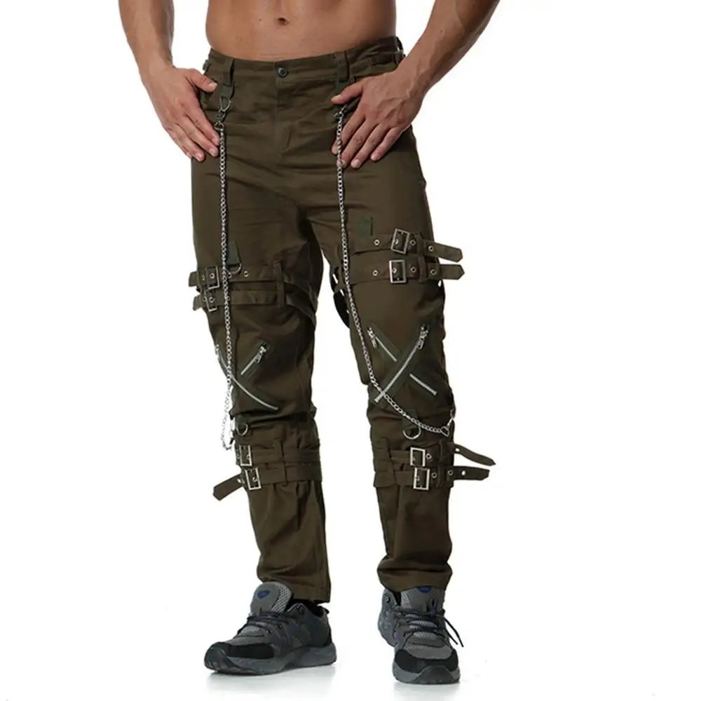 Мужские осенние брюки-карго с несколькими молниями и лентами в стиле панк с цепочкой, брюки в стиле хип-хоп, мужские повседневные уличные штаны для бега в стиле хип-хоп - Цвет: Армейский зеленый