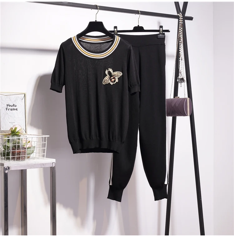 

Summer women's knitting T-shirts + casual pants two piece set Fashion confortable knitted pantsuits Women A162