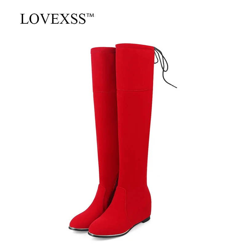 

LOVEXSS Woman Black Red Knee High Boots Autumn Winter Plus Size 33 43 Flat With Boots Plush Nubuck Leather Over The Knee Boots