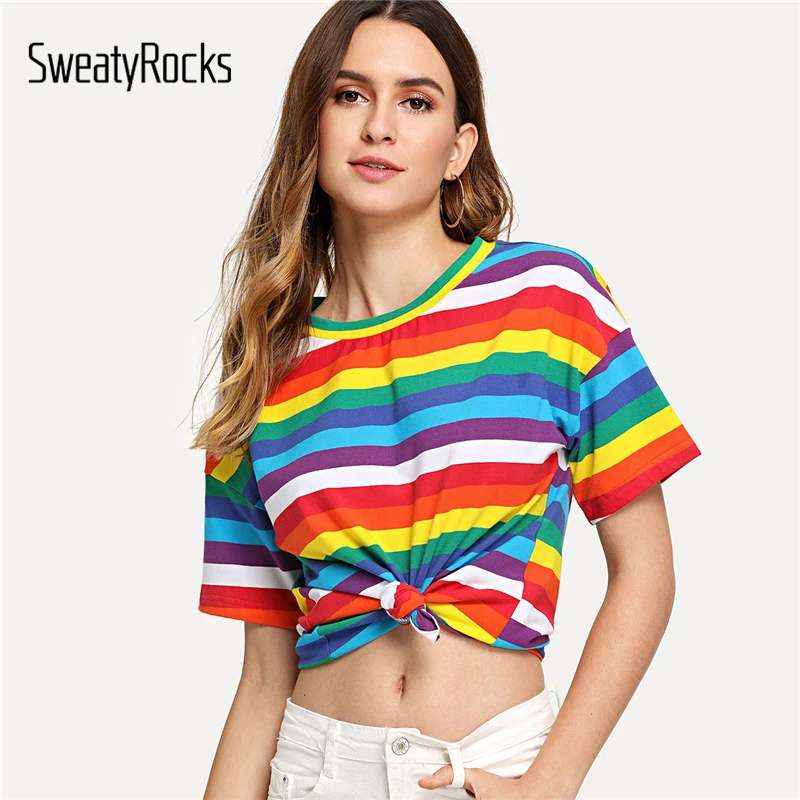 SweatyRocks Drop Shoulder Rainbow Stripe Tee Multicolor Short Sleeve ...