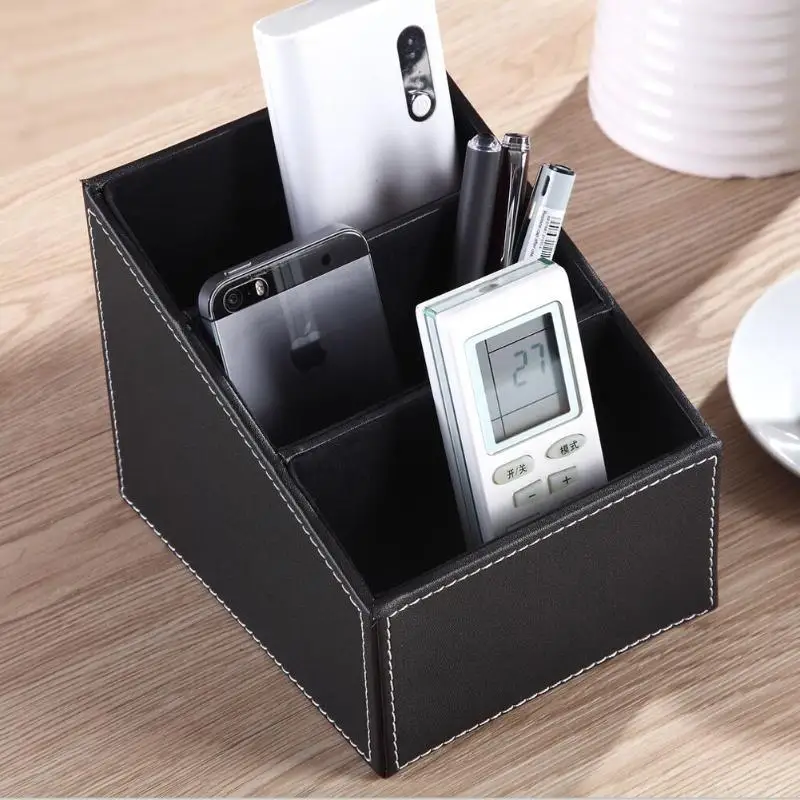 

3 Cells Layers PU Leather Remote Control Storage Box Office Desk Pencil Holder Women Makeup Cosmetic Tools Organizer